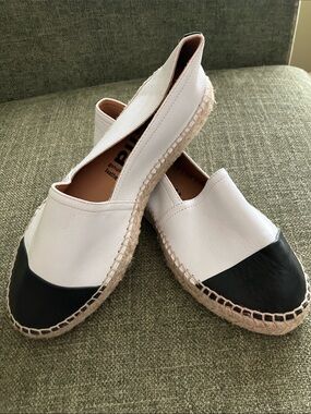 White and Black Leather Espadrille Flats by
